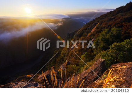 Misty dawn over wooded mountains and river Misty dawn over wooded mountains and river 20184510