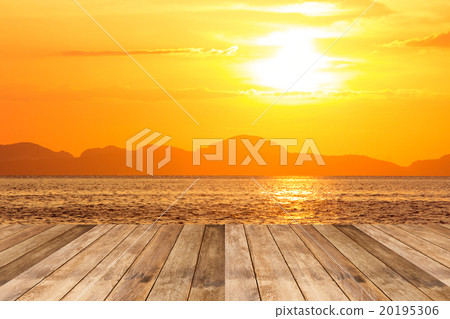 Wood terrace against beautiful seascape at sunset Wood terrace against beautiful seascape at sunset 20195306