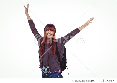 Smiling hipster woman with hands up 20196857