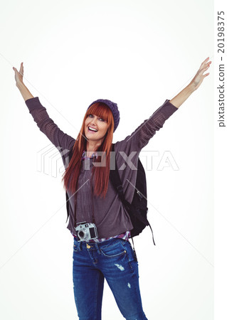 Smiling hipster woman with hands up Smiling hipster woman with hands up 20198375