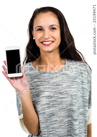 Smiling woman showing smartphone screen at camera 20199471