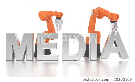 Industrial robotic arms building MEDIA word Industrial robotic arms building MEDIA word 20200169
