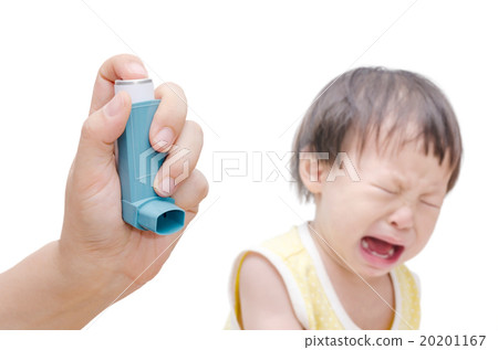 Woman's hand holding asthma inhaler and baby  20201167
