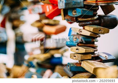 Lots of love locks on bridge in European town 20205693