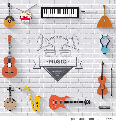 Music instruments on white modern brick wall 20207660