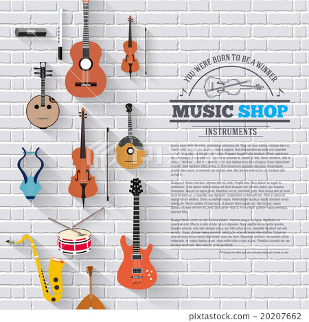 Music instruments on white modern brick wall 20207662