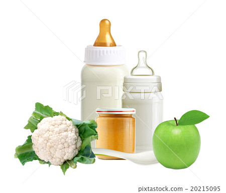 cabbage, baby bottles, jar of puree and spoon cabbage, baby bottles, jar of puree and spoon 20215095