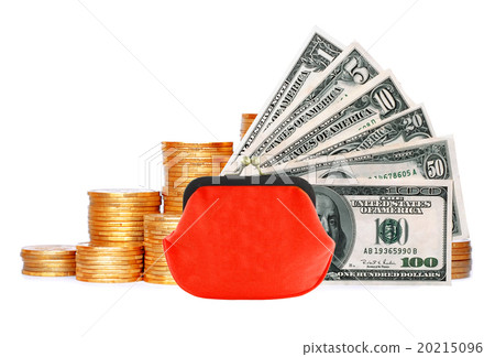 Many coins in column, red purse and dollars Many coins in column, red purse and dollars 20215096
