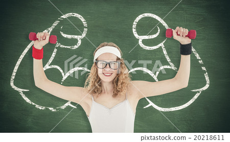 Composite image of geeky hipster lifting dumbbells in sportswear 20218611