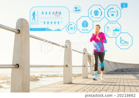 Composite image of smiling sporty woman jogging at promenade Composite image of smiling sporty woman jogging at promenade 20218662