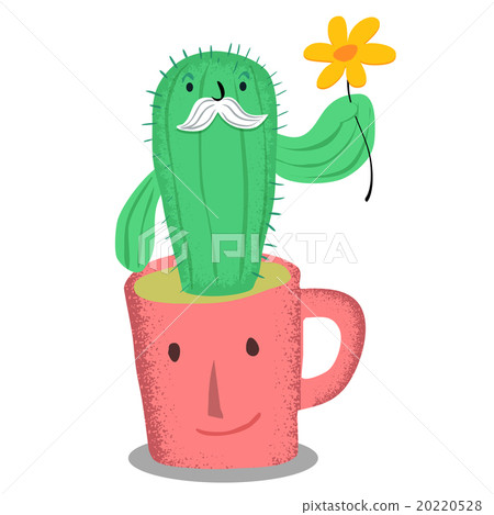 Old cactus in pink coffe cup with yellow flower 20220528