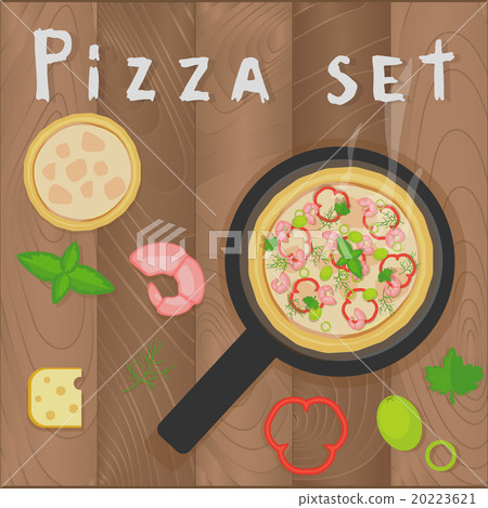 Vector pizza marinara set on wooden background 20223621