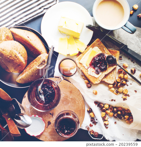 Top View Table Breakfast Egg Toast Tea Raspberry Top View Table Breakfast Egg Toast Tea Raspberry 20239559