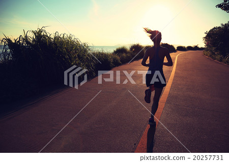 young fitness woman running on sunrise seaside trail young fitness woman running on sunrise seaside trail 20257731
