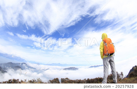 successful hiking woman backpacker on mountain peak successful hiking woman backpacker on mountain peak 20257928