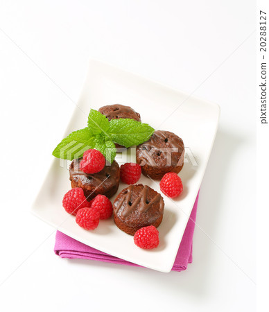 Mini chocolate cakes with fresh raspberries 20288127