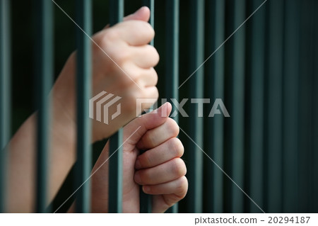 Two hands clutching prison bars 20294187