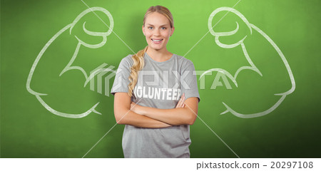 Composite image of portrait of beautiful smiling woman with arms Composite image of portrait of beautiful smiling woman with arms 20297108