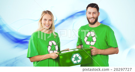 Composite image of portrait of smiling volunteers carrying recyc 20297727