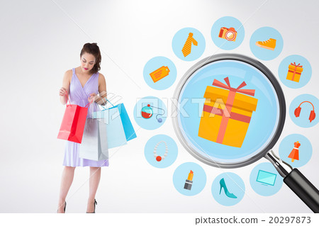 Composite image of stylish brunette in purpul dress opening shop Composite image of stylish brunette in purpul dress opening shop 20297873