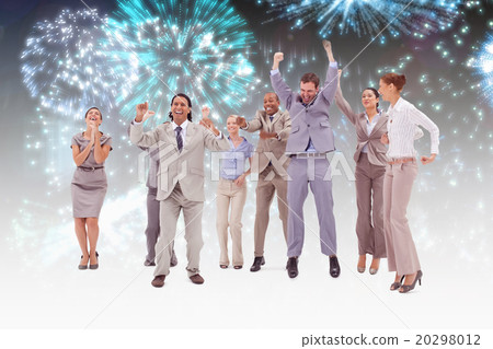 Composite image of very enthusiast people jumping and raising th Composite image of very enthusiast people jumping and raising th 20298012