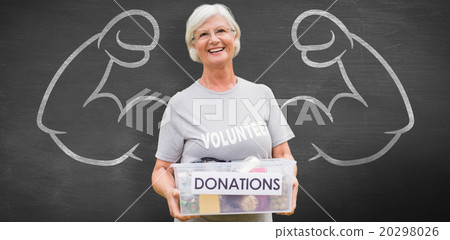 Composite image of happy grandmother holding donation box 20298026