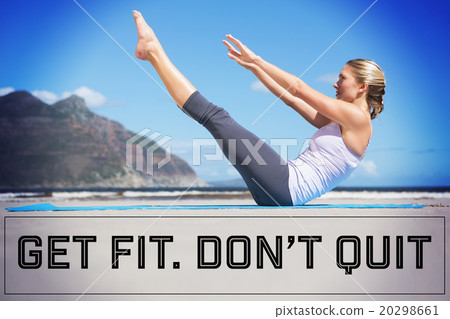 Composite image of focused fit blonde doing yoga on the beach 20298661