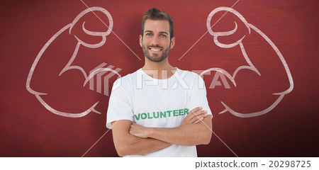 Composite image of portrait of a happy male volunteer with hands 20298725