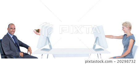 Composite image of businessman holding his hand out 20298732
