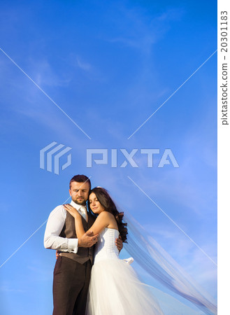 Newly married couple portrait with blue sky Newly married couple portrait with blue sky 20301183