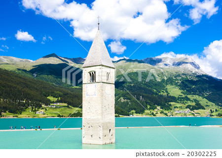 tower of sunken church in Resia lake, South Tyrol 20302225