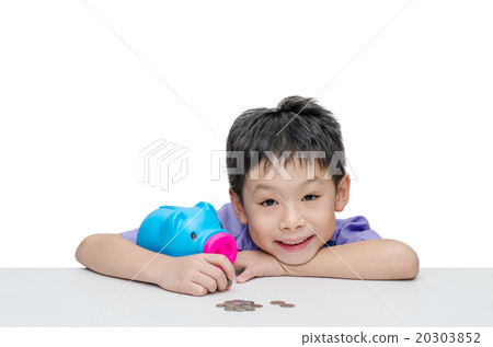 boy sitting with piggybank over white background boy sitting with piggybank over white background 20303852