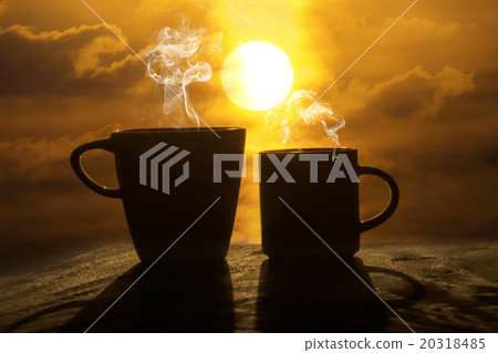 Silhouettes of morning coffee on the lake. Silhouettes of morning coffee on the lake. 20318485