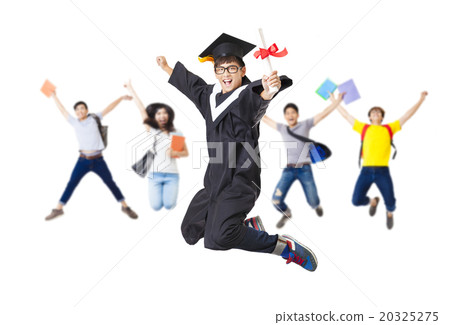 Happy  student group in graduate robe jumping  20325275