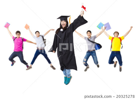 Happy student group in graduate robe jumping Happy student group in graduate robe jumping 20325278