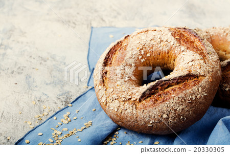 Wholegrain rye bread Blue napkin background 20330305