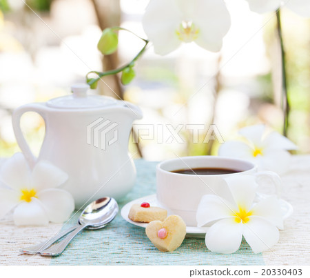 Romantic breakfast concept Cup of coffee, cookies 20330403
