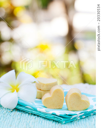 Handmade heart shape cookies on blue napkin 20330534