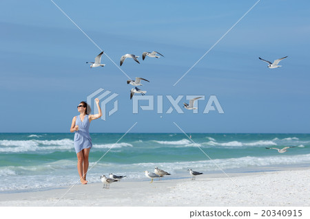 Young woman feeding seagulls on tropical beach 20340915