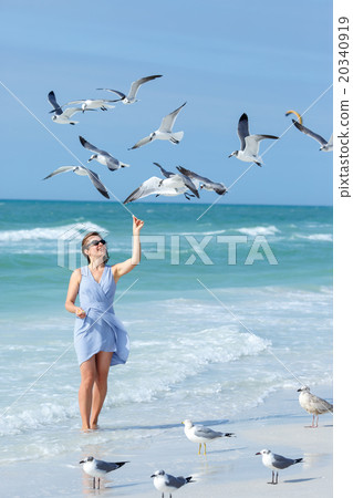 Young woman feeding seagulls on tropical beach 20340919