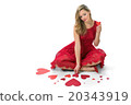 Blond woman red hearts sitting Valentine isolated  20343919