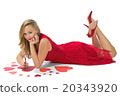 Blond woman red hearts lieing Valentine isolated  20343920