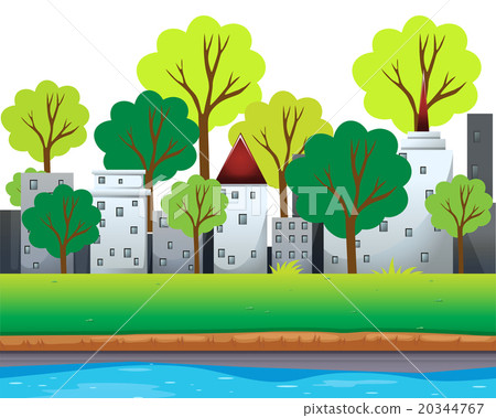 City buildings and trees along the river 20344767
