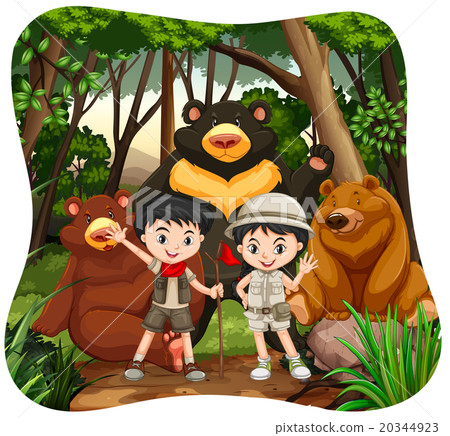Children and grizzly bears in the woods 20344923