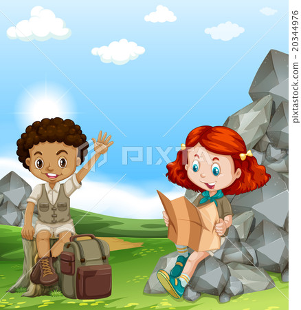 Boy and girl camping out in the field 20344976