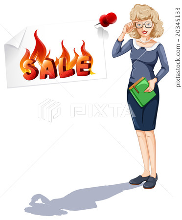 Woman and sale sign posted on wall Woman and sale sign posted on wall 20345133