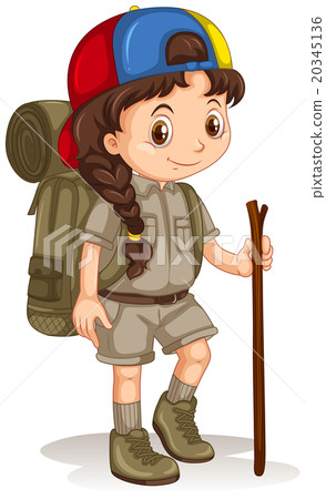 Girl with backpack and walking stick Girl with backpack and walking stick 20345136