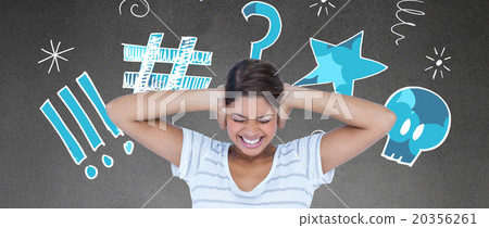 Composite image of angry woman covering ears Composite image of angry woman covering ears 20356261