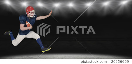 Composite image of american football player jumping with the ball 20356669