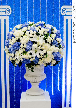 blue and white and green flowers in ceramic pot 20365750